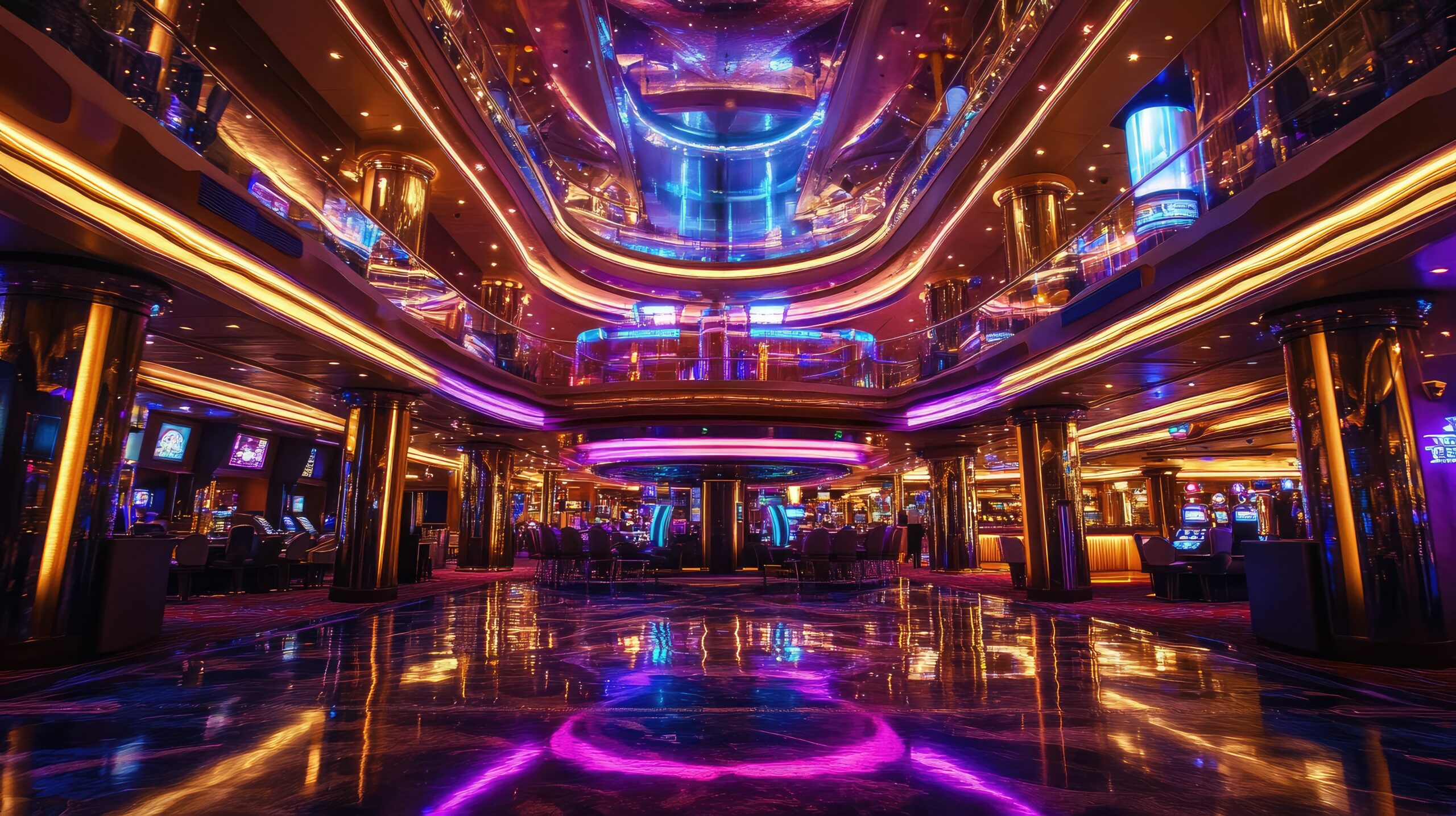 The grand casino onboard a modern cruise ship, lit up and representing wealth and entertainment. No people.
